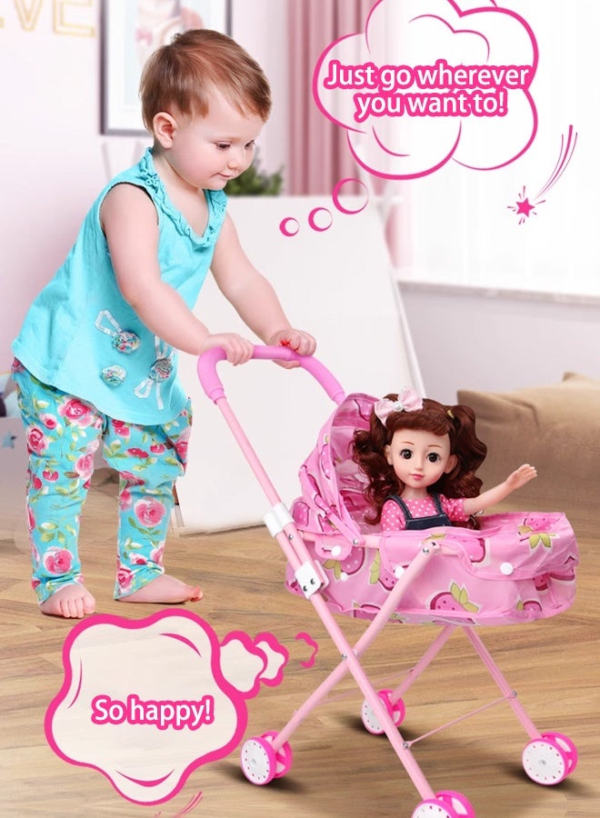 A portable, foldable stroller with an infant doll - suitable for toddlers, available in various colors, and recommended for children over 3 years old.  - Image 5