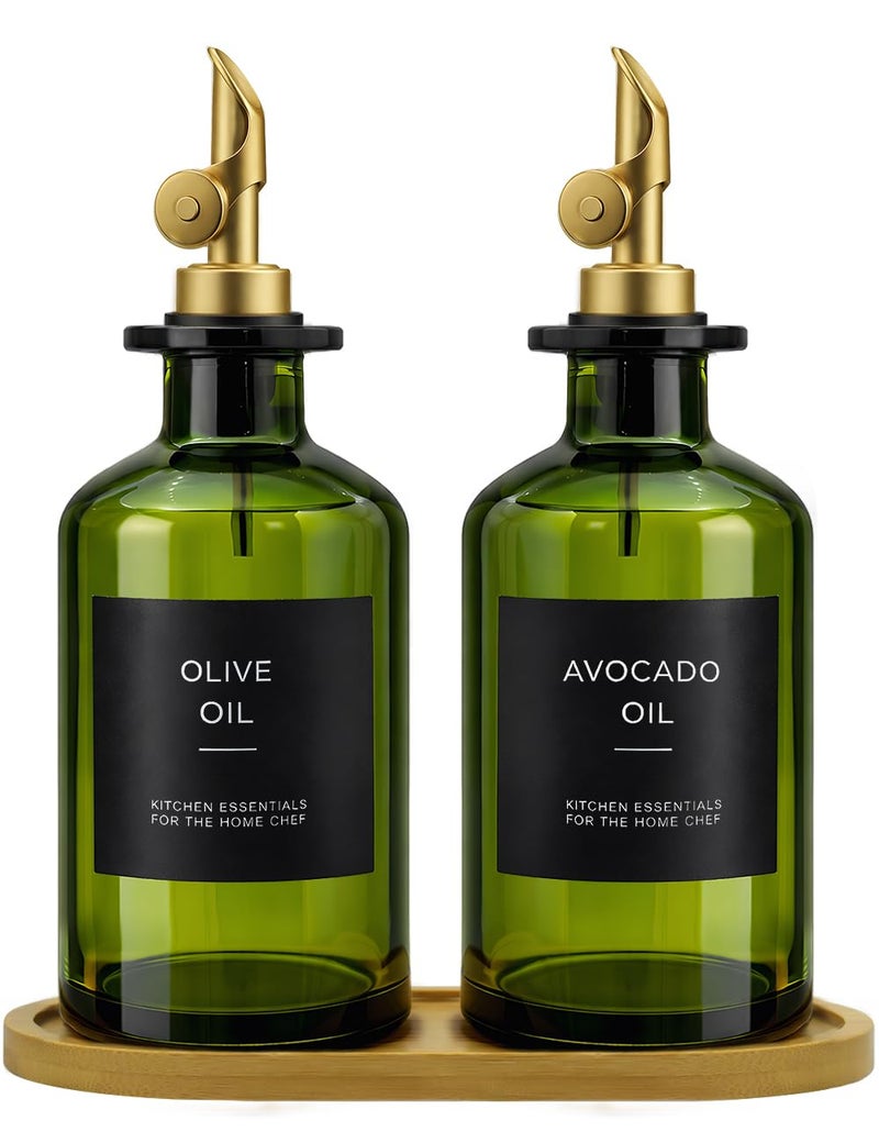 Gelury Olive Oil Dispenser Set 2 x 118oz Deep Green Glass Bottles with AutoFlip Spouts 2 Capped Spare Spouts Bamboo Tray Oil Vinegar Cruet Green - Image 2