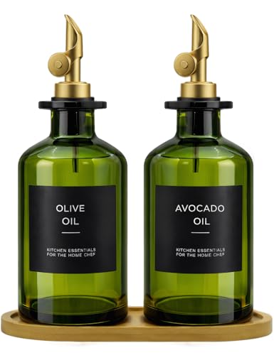 Gelury Olive Oil Dispenser Set 2 x 118oz Deep Green Glass Bottles with AutoFlip Spouts 2 Capped Spare Spouts Bamboo Tray Oil Vinegar Cruet Green - Image 1