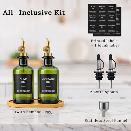 Gelury Olive Oil Dispenser Set 2 x 118oz Deep Green Glass Bottles with AutoFlip Spouts 2 Capped Spare Spouts Bamboo Tray Oil Vinegar Cruet Green - Image 3