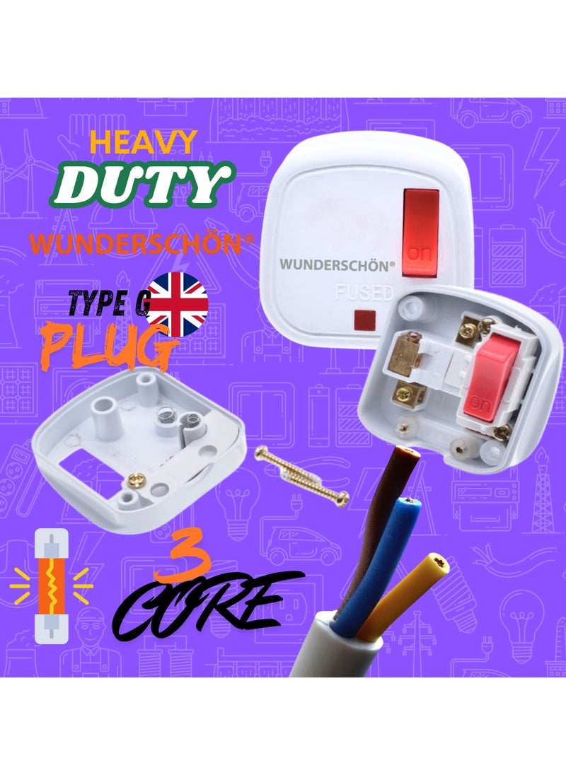 WUNDERSCHÖN WUNEDRSCHÖN | Electrical Plug 3 Pins UK - Power Plug Type G For 3 Cores Cable - 240V-13A 2000W Surge Protection Fused 13 A with Safety On-Off Switch - White Color (WSUK-W1)  - Image 3
