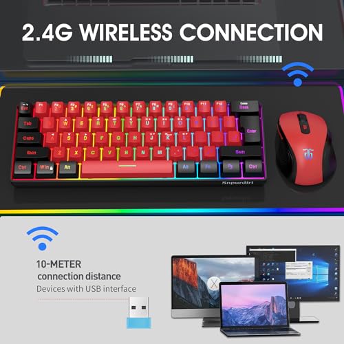 Snpurdiri مجموعة لوحة مفاتيح وفأرة ألعاب لاسلكية Snpurdiri 2.4G، لوحة مفاتيح لاسلكية بنسبة 60% وفأرة صغيرة عمودية مريحة (أسود وأحمر) - Image 2
