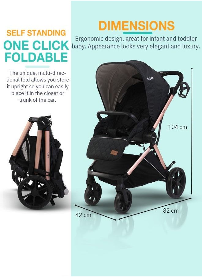 BAYBEE - 3 In 1 Convertible Baby Pram Stroller With Car Seat Combo Aluminium Frame 3 Position Adjustable Canopy Reversible Seat Travel System Stroller For Baby Toddlers 0-3 Years Boys Girls Rose Gold - Image 1