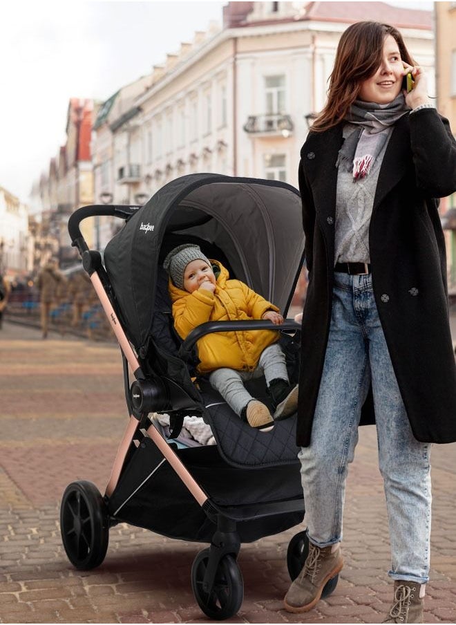 BAYBEE 3 In 1 Convertible Baby Pram Stroller With Car Seat Combo Aluminium Frame 3 Position Adjustable Canopy Reversible Seat Travel System Stroller For Baby Toddlers 0-3 Years Boys Girls Rose Gold  - Image 2