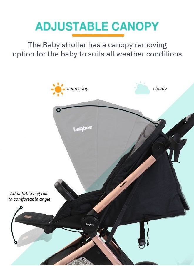 BAYBEE - 3 In 1 Convertible Baby Pram Stroller With Car Seat Combo Aluminium Frame 3 Position Adjustable Canopy Reversible Seat Travel System Stroller For Baby Toddlers 0-3 Years Boys Girls Rose Gold - Image 1