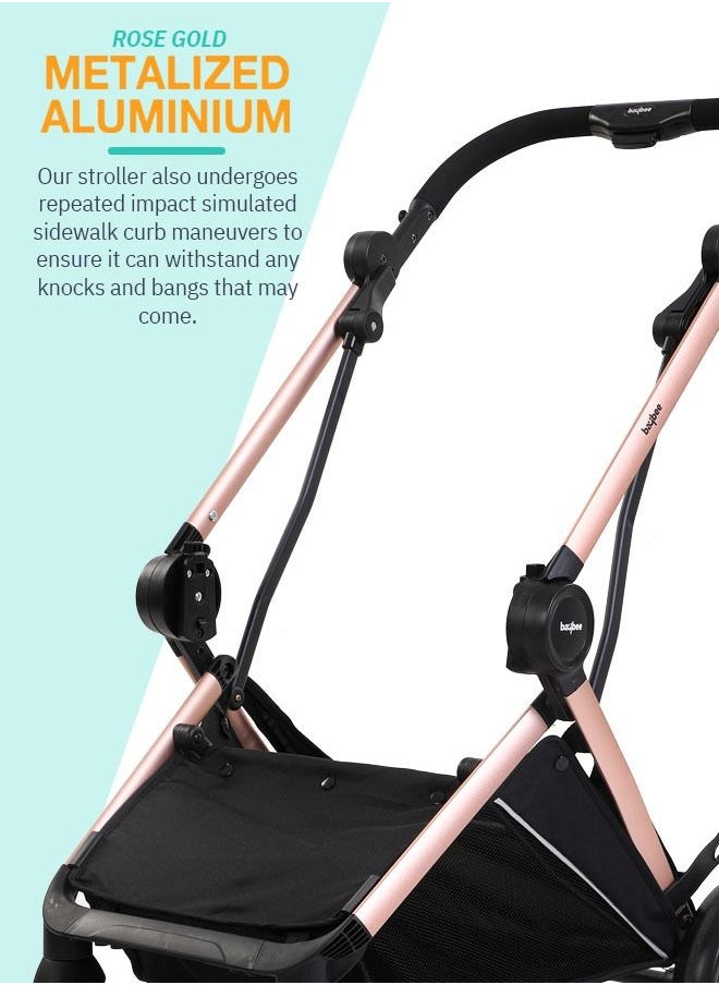 BAYBEE - 3 In 1 Convertible Baby Pram Stroller With Car Seat Combo Aluminium Frame 3 Position Adjustable Canopy Reversible Seat Travel System Stroller For Baby Toddlers 0-3 Years Boys Girls Rose Gold - Image 1