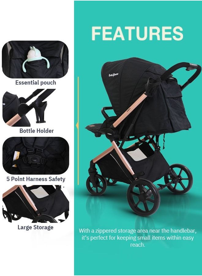 BAYBEE - 3 In 1 Convertible Baby Pram Stroller With Car Seat Combo Aluminium Frame 3 Position Adjustable Canopy Reversible Seat Travel System Stroller For Baby Toddlers 0-3 Years Boys Girls Rose Gold - Image 1