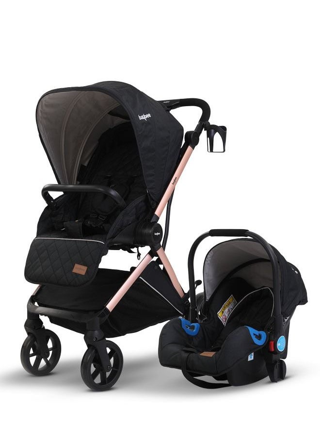 BAYBEE 3 In 1 Convertible Baby Pram Stroller With Car Seat Combo Aluminium Frame 3 Position Adjustable Canopy Reversible Seat Travel System Stroller For Baby Toddlers 0-3 Years Boys Girls Rose Gold  - Image 1
