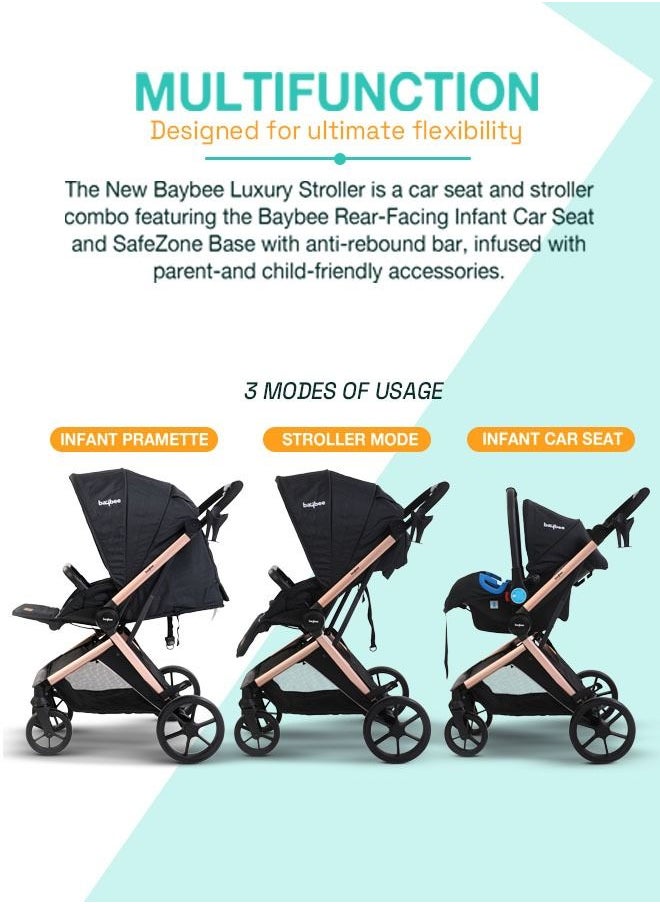 BAYBEE 3 In 1 Convertible Baby Pram Stroller With Car Seat Combo Aluminium Frame 3 Position Adjustable Canopy Reversible Seat Travel System Stroller For Baby Toddlers 0-3 Years Boys Girls Rose Gold  - Image 3