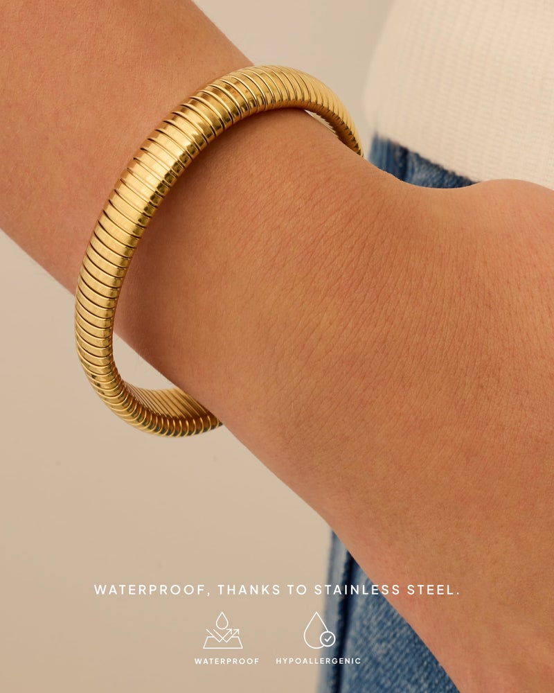 PAVOI Stainless Steel 14K Yellow Gold Plated Waterproof Flexible Stretch Chunky Bangle for Women | Cobra Bracelet 12mm Wide - Image 2