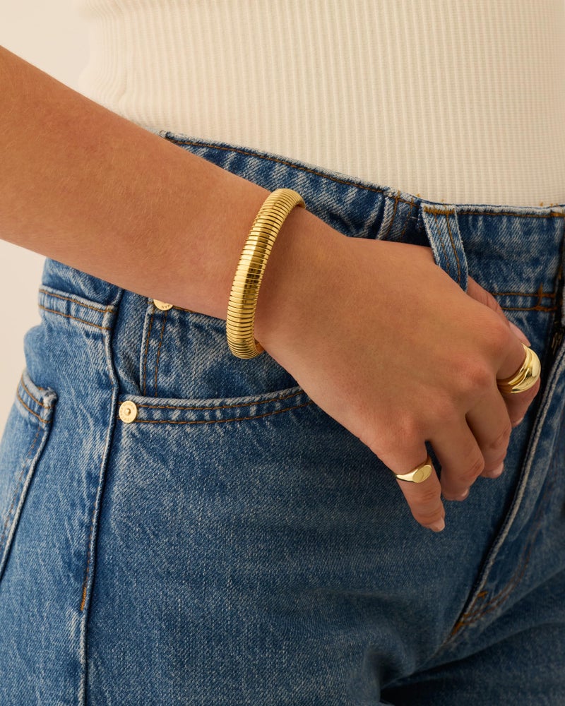 PAVOI Stainless Steel 14K Yellow Gold Plated Waterproof Flexible Stretch Chunky Bangle for Women | Cobra Bracelet 12mm Wide - Image 5