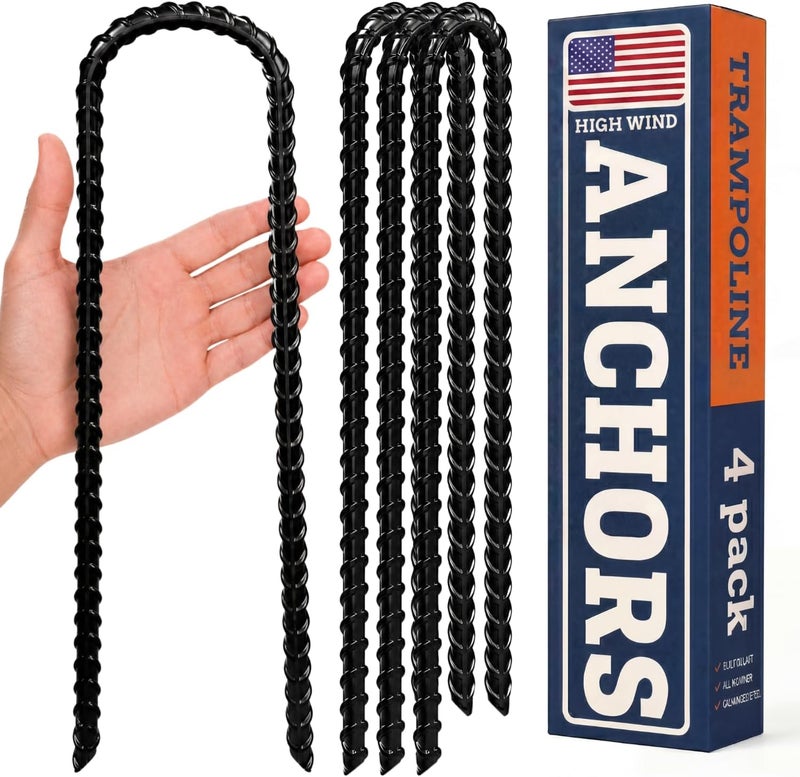 Happin 4 Pc Happin Trampoline Anchor Stakes for High Wind; Heavy Duty 12” U-Shape Ground Stakes Made of Galvanized Steel; Trampoline Tie Down Anchor Kit for Safety and Property Protection (Black) - Image 1