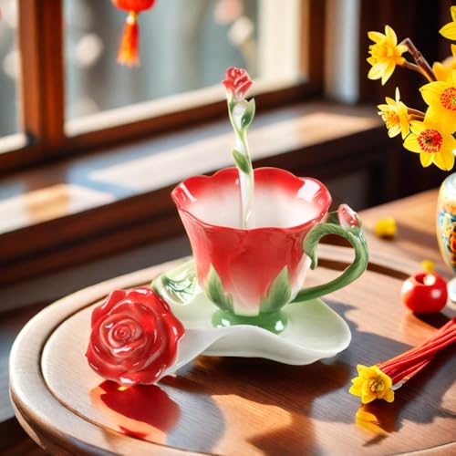 ONEUSTAR Tea Cup and Saucer Set for 1 Ceramic Handicraft Rose Flower Shaped Coffee Cup with Spoon 6 Oz Teacup for Women Valentine's Day Christmas Gift - Image 4