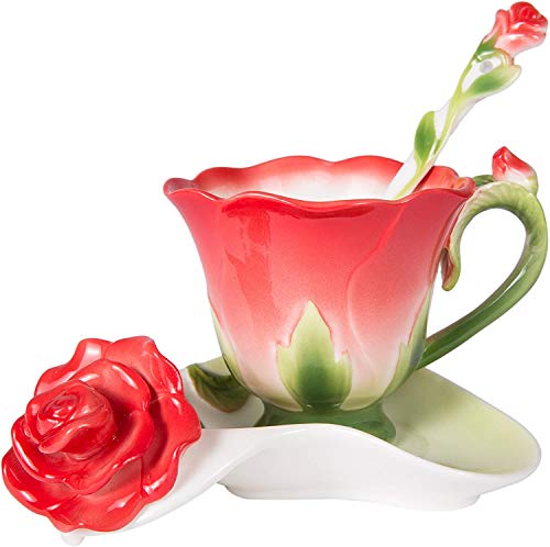 ONEUSTAR Tea Cup and Saucer Set for 1 Ceramic Handicraft Rose Flower Shaped Coffee Cup with Spoon 6 Oz Teacup for Women Valentine's Day Christmas Gift - Image 1