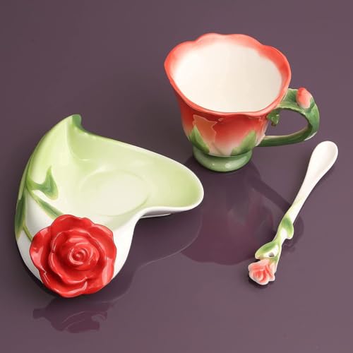 ONEUSTAR Tea Cup and Saucer Set for 1 Ceramic Handicraft Rose Flower Shaped Coffee Cup with Spoon 6 Oz Teacup for Women Valentine's Day Christmas Gift - Image 5