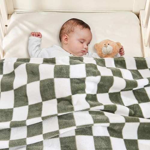 Yurhap Checkered Baby Blanket Fleece Baby Blankets for Boys, Ultra Soft Cozy Fluffy Infant Toddler Newborn Receiving Blankets for Crib Stroller, 30''x40'', Dark Olive - Image 3