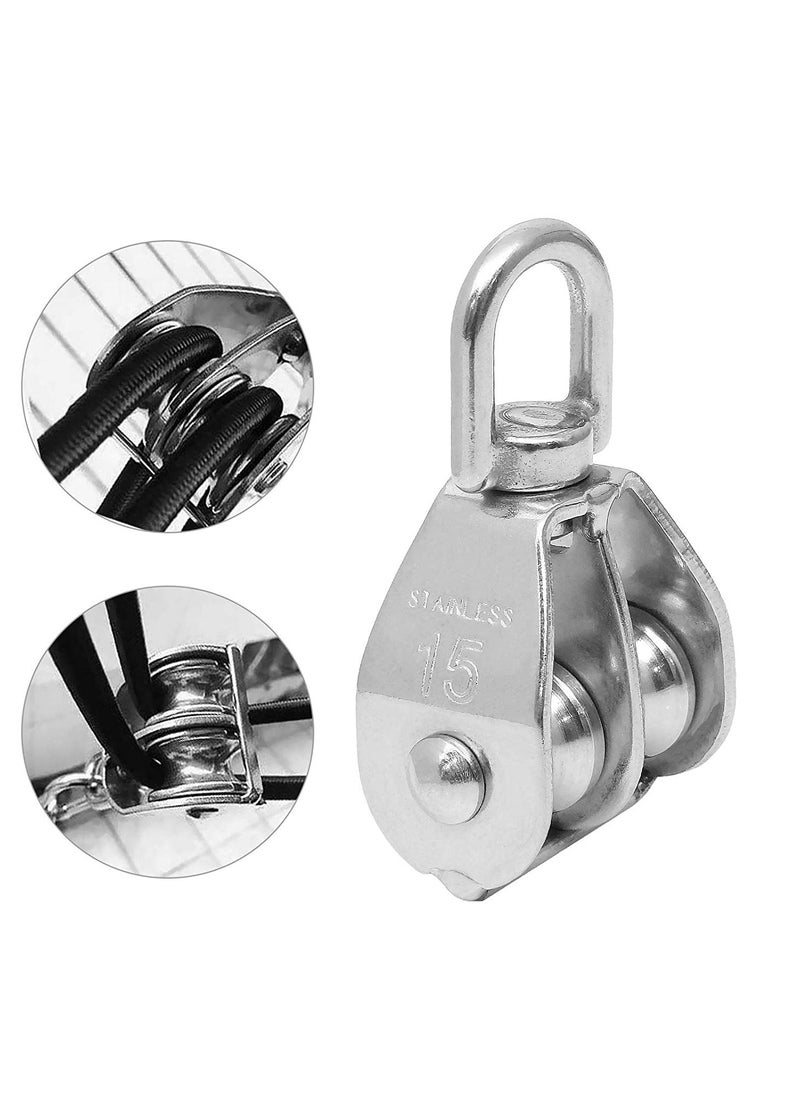 SYOSI 2PCS M15 Double Pulley Block, Dual Pulley Block Wheel Stainless Steel Pulley Roller, Heavy Duty Swivel Pulley Block Wire Rope Crane Hanging Wire Towing Wheel for Lifting, Cable Loading 35kg  - Image 1