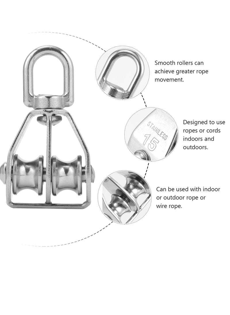 SYOSI 2PCS M15 Double Pulley Block, Dual Pulley Block Wheel Stainless Steel Pulley Roller, Heavy Duty Swivel Pulley Block Wire Rope Crane Hanging Wire Towing Wheel for Lifting, Cable Loading 35kg  - Image 2