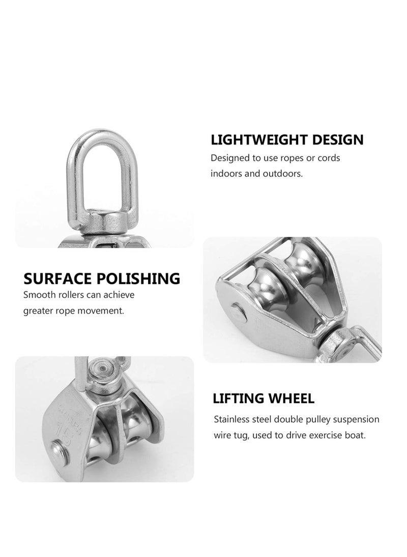 SYOSI 2PCS M15 Double Pulley Block, Dual Pulley Block Wheel Stainless Steel Pulley Roller, Heavy Duty Swivel Pulley Block Wire Rope Crane Hanging Wire Towing Wheel for Lifting, Cable Loading 35kg  - Image 3