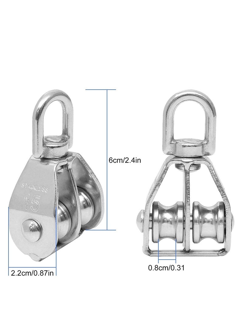 SYOSI 2PCS M15 Double Pulley Block, Dual Pulley Block Wheel Stainless Steel Pulley Roller, Heavy Duty Swivel Pulley Block Wire Rope Crane Hanging Wire Towing Wheel for Lifting, Cable Loading 35kg  - Image 5