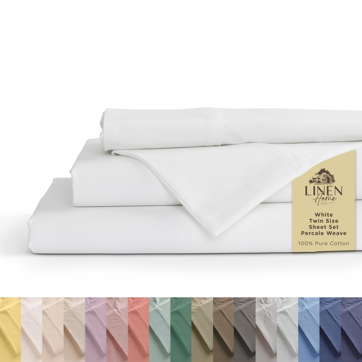 Linen Home 100% Cotton Percale Sheets Twin XL Size, White, Deep Pocket, 3 Pieces Set - 1 Flat, 1 Deep Pocket Fitted Sheet and 1 Pillowcase, Crisp Cool and Strong Bed Linen