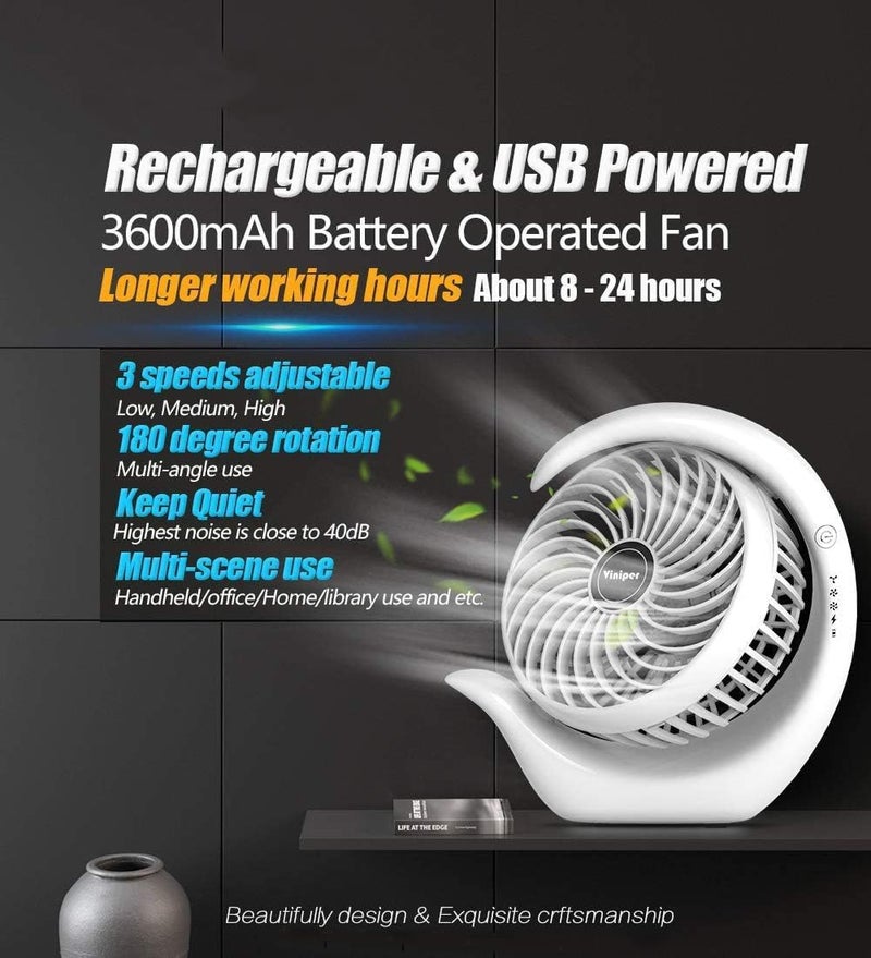 Viniper Portable Rechargeable Fan, Small Desk Fan : 3 Speeds & about 8-24 Hours Longer Working, 180 Rotation, Portable Desktop Fan Small but Mighty, Strong Wind (White, Light Black Blade)6.2 Inch - Image 3