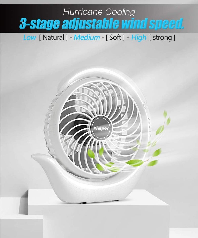 Viniper Portable Rechargeable Fan, Small Desk Fan : 3 Speeds & about 8-24 Hours Longer Working, 180 Rotation, Portable Desktop Fan Small but Mighty, Strong Wind (White, Light Black Blade)6.2 Inch - Image 4