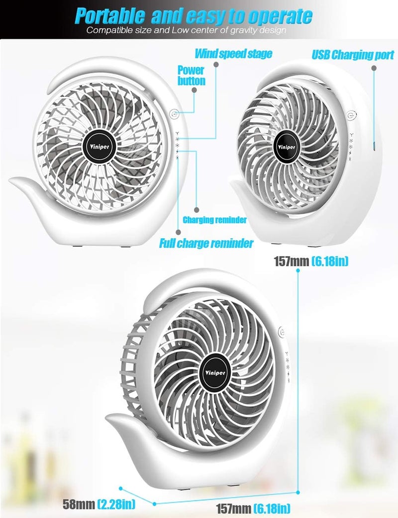 Viniper Portable Rechargeable Fan, Small Desk Fan : 3 Speeds & about 8-24 Hours Longer Working, 180 Rotation, Portable Desktop Fan Small but Mighty, Strong Wind (White, Light Black Blade)6.2 Inch - Image 5