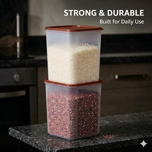 Mahaware Modular Square Plastic Kitchen Container Set, 5.5 litre, Set of 3, Brown - Image 5