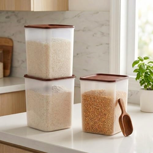 Mahaware Modular Square Plastic Kitchen Container Set, 5.5 litre, Set of 3, Brown - Image 1