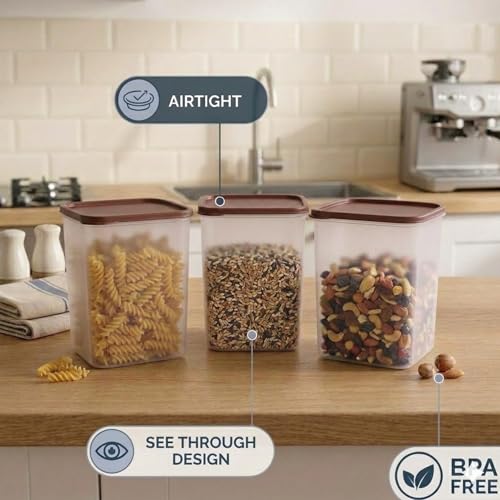 Mahaware Modular Square Plastic Kitchen Container Set, 5.5 litre, Set of 3, Brown - Image 2