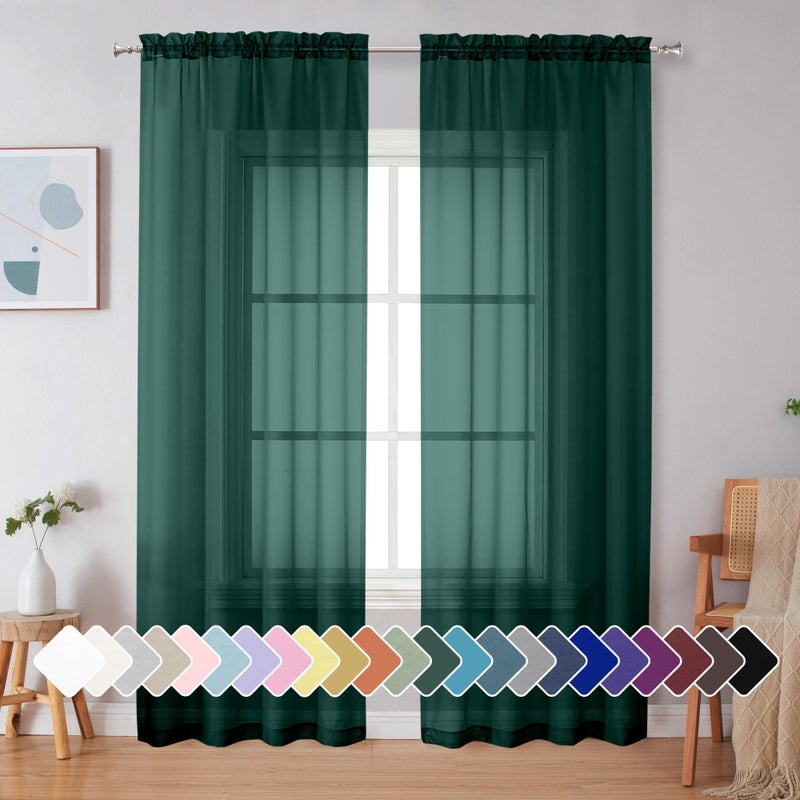 Simplebrand Hunter Green Sheer Curtains 84 Inches Long 2 Panels, Light Filtering Rod Pocket Solid Color Window Sheer Curtain Panels, Elegant Curtains & Drapes for Living Room, Bedroom, 42" W x 84" L - Image 1
