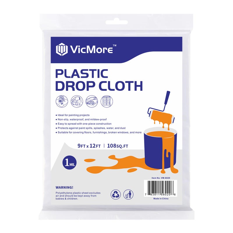 VicMore Clear Plastic Drop Cloth Water Dustproof Odorless Plastic Sheet for Painting Renovations DIY Projects Durable Paint Tarp with 1mil Thickness Floor Covering Dust Cover 9 x 12