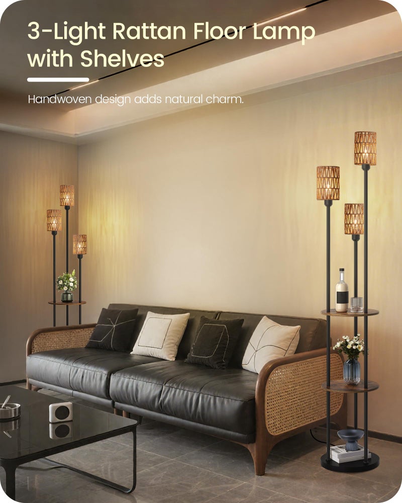 GOEBLESON Floor Lamp with Shelves, Boho Floor Lamp with Foot Switch, 3-Light Standing Lamp, for Living Room, Bedroom, Study, Rustic Brown and Yellow YF53LD05 ï»¿ - Image 2