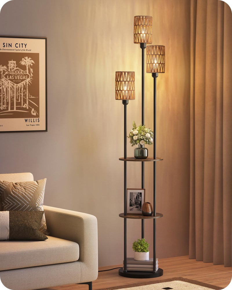 GOEBLESON Floor Lamp with Shelves, Boho Floor Lamp with Foot Switch, 3-Light Standing Lamp, for Living Room, Bedroom, Study, Rustic Brown and Yellow YF53LD05 ï»¿ - Image 1