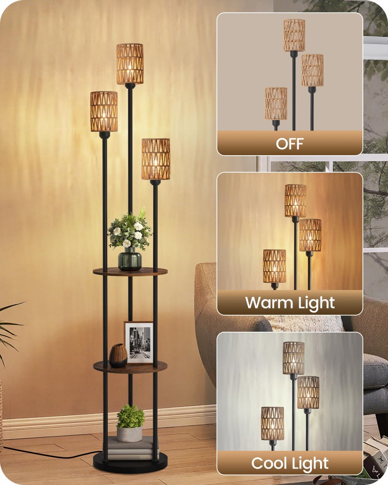 GOEBLESON Floor Lamp with Shelves, Boho Floor Lamp with Foot Switch, 3-Light Standing Lamp, for Living Room, Bedroom, Study, Rustic Brown and Yellow YF53LD05 ï»¿ - Image 5