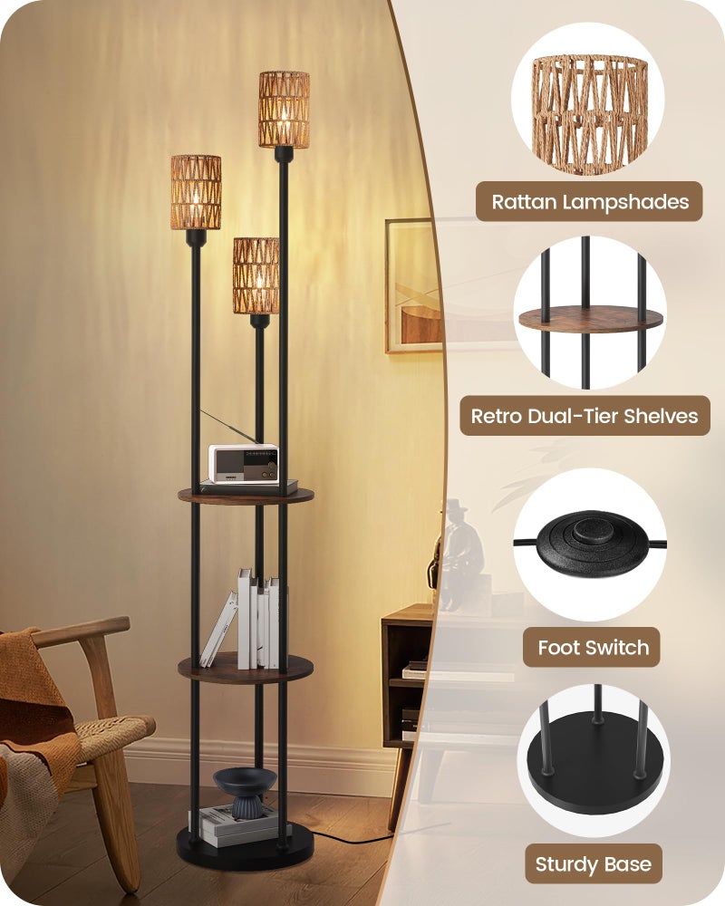 GOEBLESON Floor Lamp with Shelves, Boho Floor Lamp with Foot Switch, 3-Light Standing Lamp, for Living Room, Bedroom, Study, Rustic Brown and Yellow YF53LD05 ï»¿ - Image 3