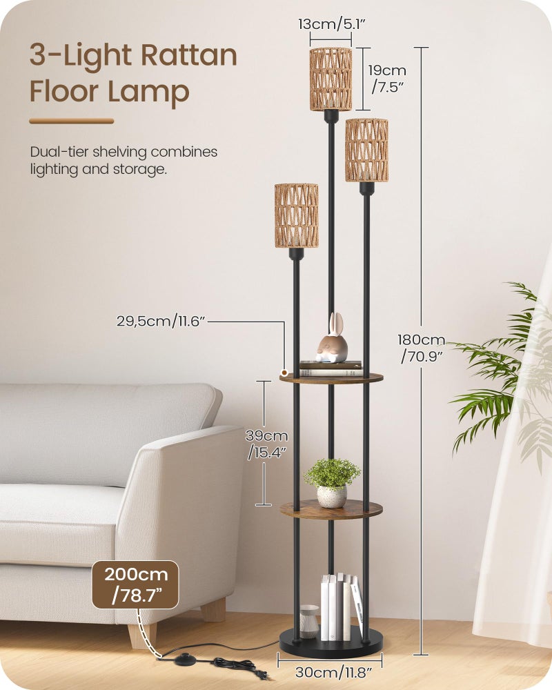 GOEBLESON Floor Lamp with Shelves, Boho Floor Lamp with Foot Switch, 3-Light Standing Lamp, for Living Room, Bedroom, Study, Rustic Brown and Yellow YF53LD05 ï»¿ - Image 4