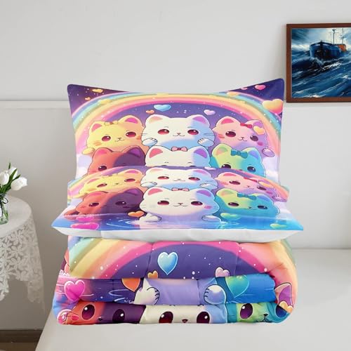 Jiospet Rainbow Cat Comforter Twin Size - Cat Bedding for Girls Room Cute Cartoon Rainbow Bedding Twin Sets for Kids, 1 Comforter+1 Pillowcase - Image 3