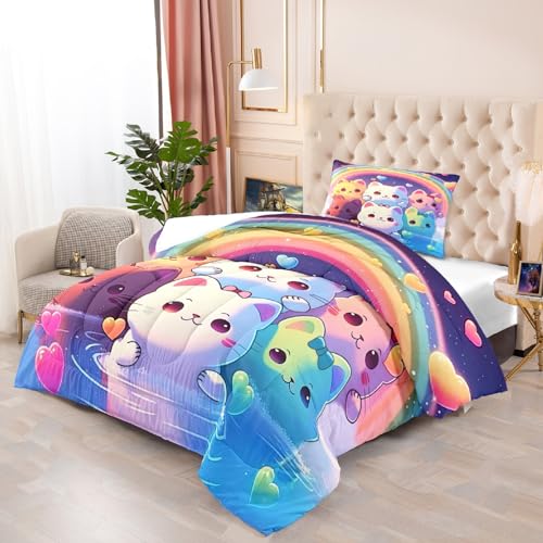 Jiospet Rainbow Cat Comforter Twin Size - Cat Bedding for Girls Room Cute Cartoon Rainbow Bedding Twin Sets for Kids, 1 Comforter+1 Pillowcase - Image 2