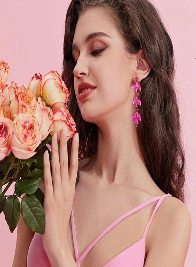 GAOKOXI Hot Pink Wedding Rhinestone Dangle Earrings Elegant Bridal Crystal Drop Earrings for Women Bridesmaids Guest Party Valentine's Day - Image 4