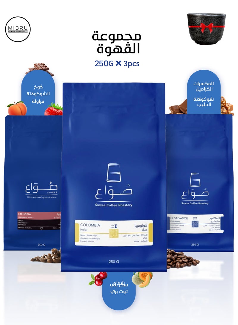 SUWAA 3-Pack Premium Whole Coffee Beans Set for Specialty Coffee Lovers – 100% Arabica, Medium to Dark Roast, Ideal for Espresso, French Press, Pour Over & Cold Brew – Freshly Roasted Gourmet Coffee Beans with Ceramic Coffee Cup – Barista Grade Gift Set 