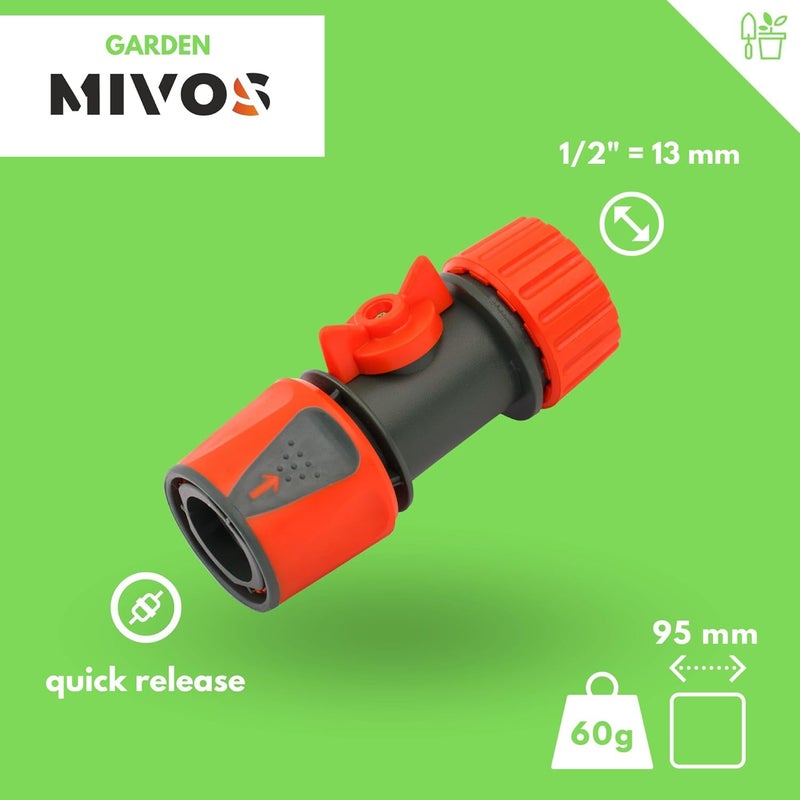 MIVOS موصل خرطوم مع صمام تنظيم لخرطوم الحديقة 1/2 بوصة (13 مم) - اقتران سريع لخرطوم المياه مع إيقاف الماء لسهولة تغيير أجهزة الري - Image 3