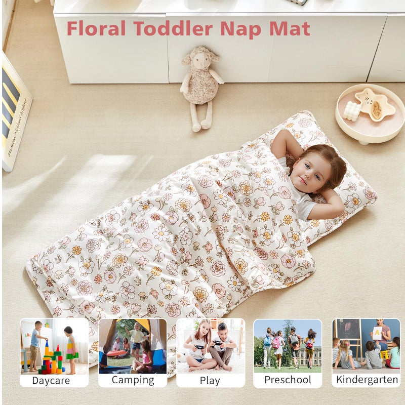 DuShow Toddler Nap Mat with Removable Pillow,Ultra Soft Slumber Bags for Girls,Kids Sleeping Bags with Rollup Design, Perfect for Preschool,Daycare, Kindergarten,-Floral - Image 3