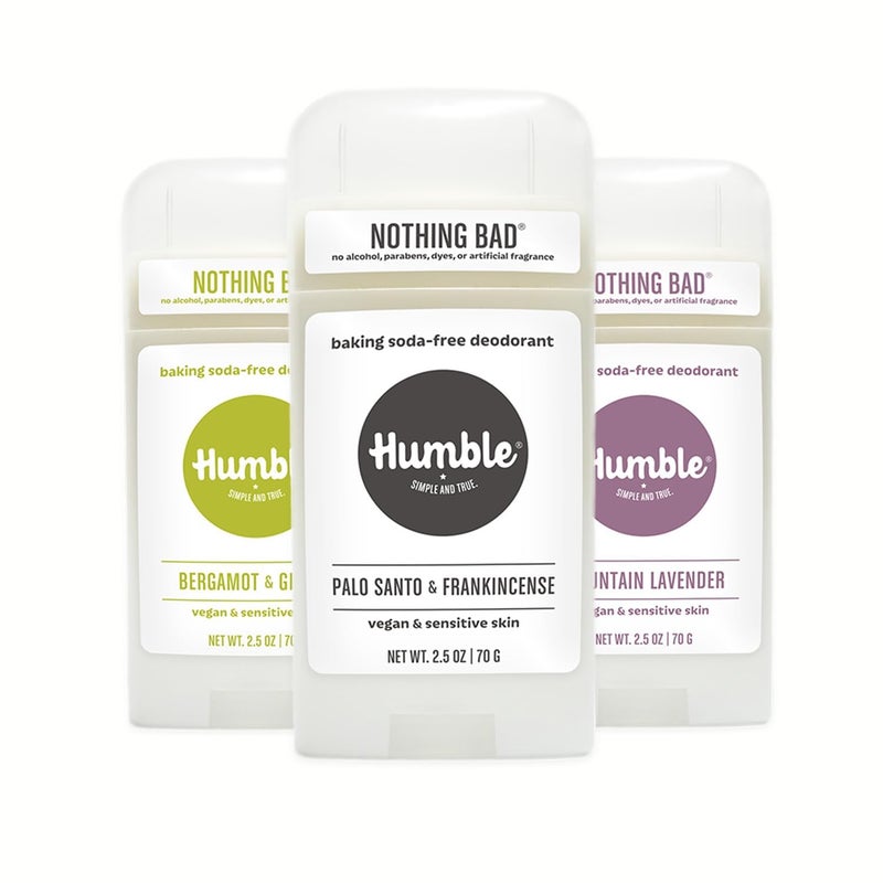 HUMBLE SIMPLE AND TRUE. HUMBLE BRANDS Vegan Deodorant Sensitive Skin Trio with Palo Santo & Frankincense, Mountain Lavender, and Bergamot & Ginger, 2.5 Ounce (Pack of 3) - Image 1