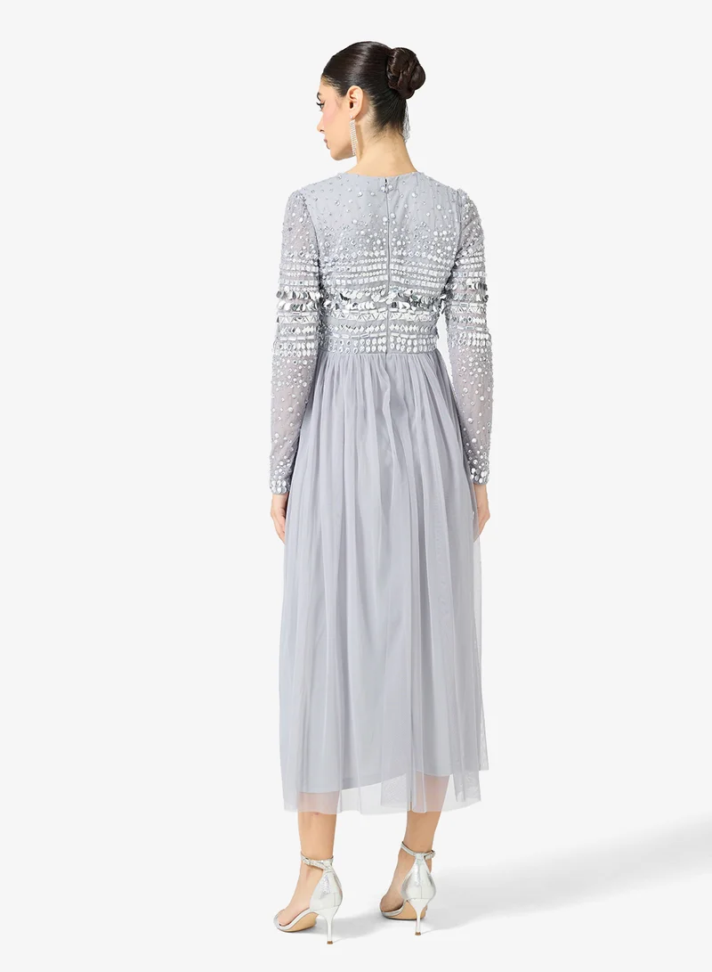 Amelia Rose Crew Neck Sequin Mesh Detailed Midi Dress