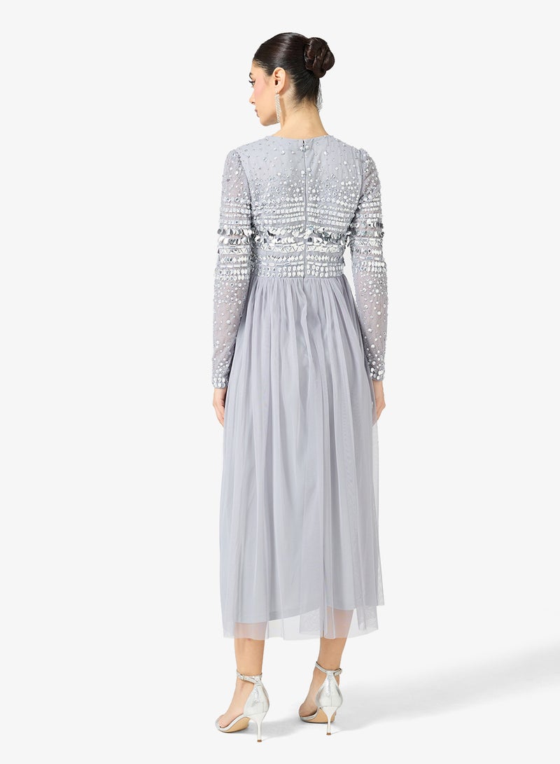 Amelia Rose Crew Neck Sequin Mesh Detailed Midi Dress - Image 2