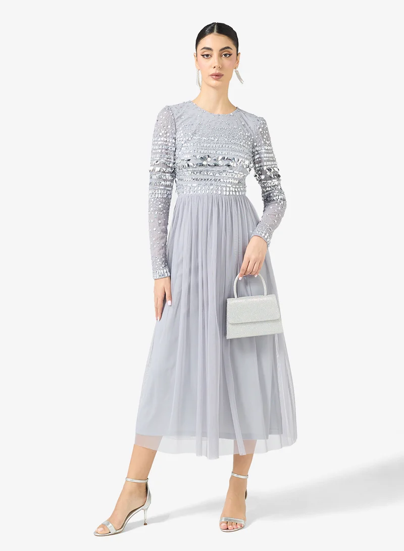 Crew Neck Sequin Mesh Detailed Midi Dress