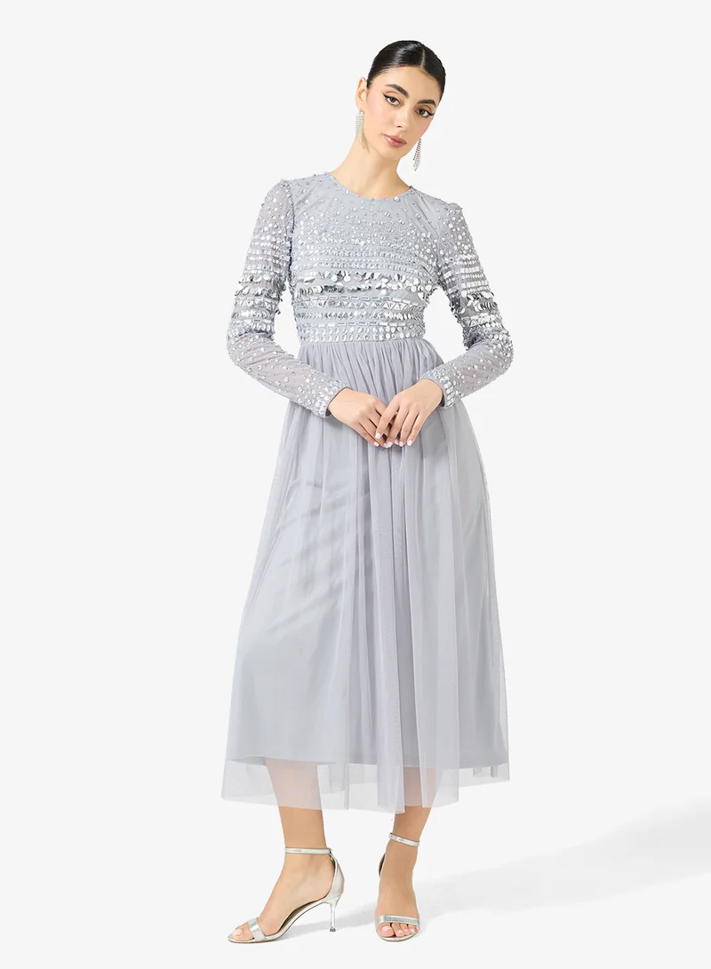 Amelia Rose Crew Neck Sequin Mesh Detailed Midi Dress