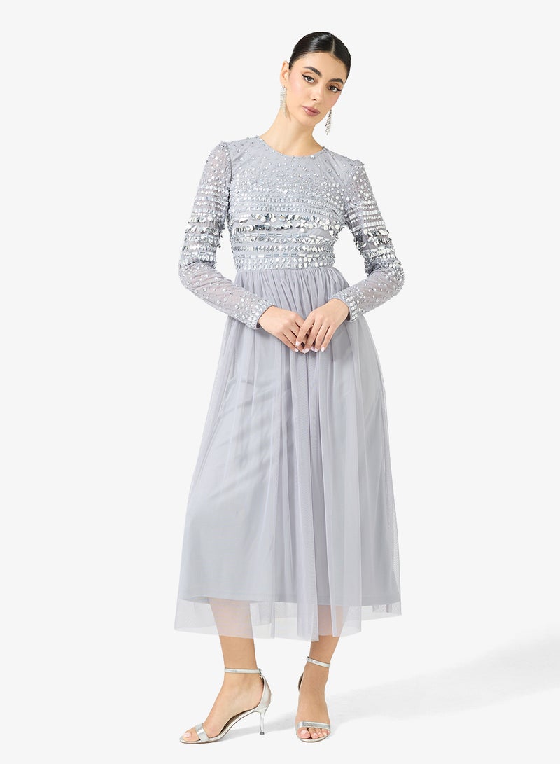 Amelia Rose Crew Neck Sequin Mesh Detailed Midi Dress - Image 4